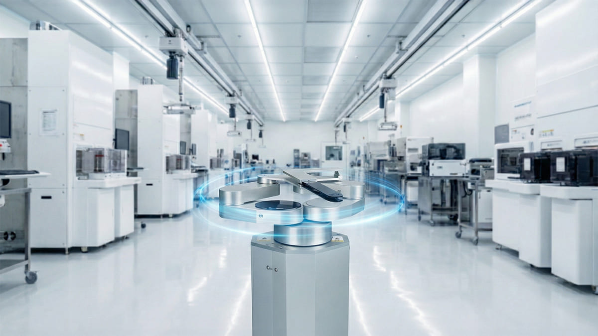 WTR robot operating in cleanroom semiconductor manufacturing facility with high-tech automated production line