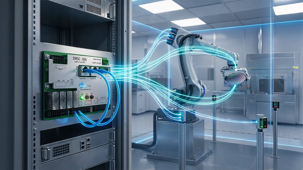 DAINCUBE DRSC-MA EtherCAT Safety Controller for real-time safety-motion synchronization of industrial robot arm handling wafers