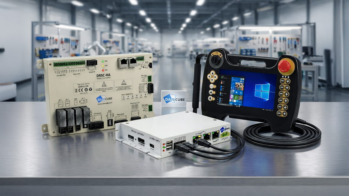 Daincube robot teach pendant with digital overlays for custom kinematics, user interface, motion, and control algorithms.