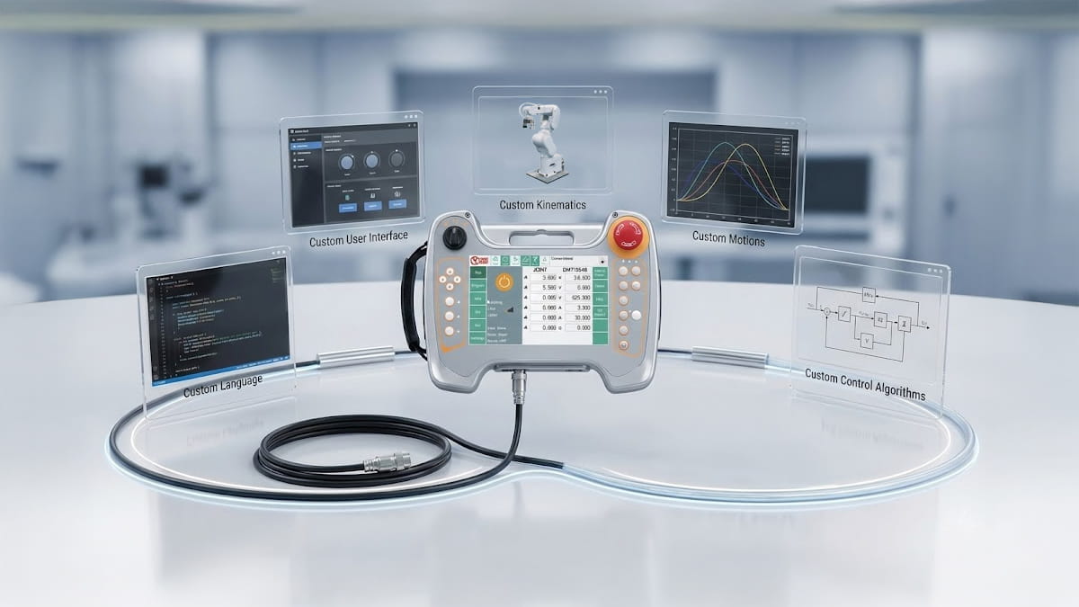 Daincube industrial robot controllers DRSC-HA safety controller and Windows-based teach pendant on a workbench.